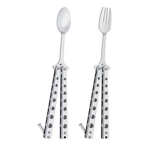 FS-4520 tactique <span class=keywords><strong>Balisong</strong></span> formateur pliant en acier inoxydable 2 pièces papillon fourchette cuillère ensemble pour voyage Camping chasse BBQ cuisine - Product Image 1