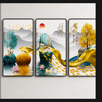 Tableau mural abstrait en toile à trois panneaux, paysage de montagne bleu sarcelle et or, pour entrée, salon, hôtel, intérieurs modernes
