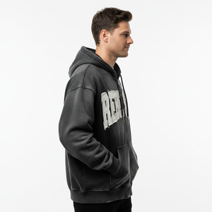 커스텀 프라이빗 라벨 빈티지 애시드 워시 지퍼업 후드티, 프레이드 아플리케 패치워크, 100% 코튼 레터 패턴, 유니섹스 봄용 - Product Image 4