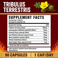 Complément énergétique pour homme : Extrait de Tribulus Terrestris (Herbe de la chèvre cornée), Ashwagandha, Poudre de poivre noir enrichie, Capsules de racine de Maca