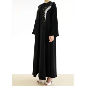 New Modest Elegant Hand Made Embroidery Bead Nida Islamic Clothing Ladies Women Open Abaya Dubai Kimono Muslim Long Sleeve Dress