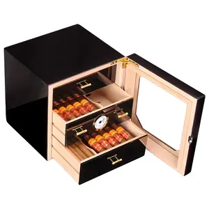 Black Glossy Cigar Humidor Box Cedar Wood Cigar Case With Humidifier Hygrometer