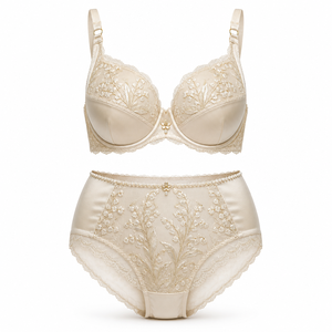 Ensemble de lingerie de luxe pour mariée motif Muguet, soutien-gorge push-up en dentelle ivoire champagne et culotte taille haute en dentelle, pendentif perle dorée - Product Image 1