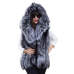 Gilet de luxe en vraie fourrure pour femmes, Gilet à capuche, peau naturelle et complète, argent et renard, livraison gratuite