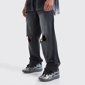 Zhuoyang Kledingstuk Groothandel Custom Plus Size Casual Denim Jeans Zwart Gewassen Wijde Jeans Knie Gescheurde Baggy Jeans Heren