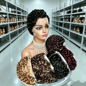 $23 Promotion Letsfly Chioma <b>Pixie</b> Curly <b>Wigs</b> C-Type 13x4 Lace Frontal Short <b>Cut</b> <b>Wigs</b> Small Curls Natural Human Hair #99J, Brown - Product Image 1
