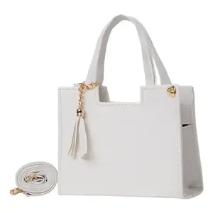 Sac à bandoulière Edna White Fana en PU avec fermeture éclair et pompon décoratif, 7 pouces, pour femme, usage quotidien - Product Image 3