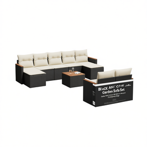 Ensemble de canapés de jardin noir et crème, meubles en rotin d'extérieur avec coussins en mousse haute densité, design contemporain imperméable - Product Image 1