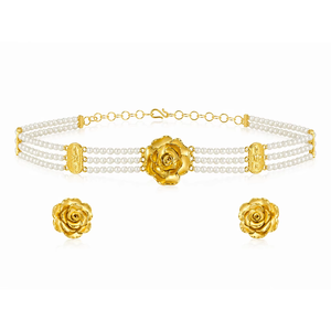 Accessoires de mode plaqués or de qualité assurée avec un design rose, collier de perles à 3 couches avec boucles d'oreilles assorties, ensemble de perles - Product Image 1