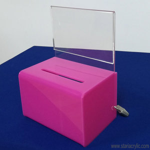 Boîte de don en acrylique <span class=keywords><strong>rose</strong></span> pour collecter des fonds Boîte de collecte de bulletin de vote avec fente et serrure Boîte de dessin pour tirage au sort - Product Image 2