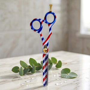 Ciseaux de coiffure professionnels personnalisés à rayures rouges, blanches et bleues, lame en acier inoxydable, pointe arrondie, dents personnalisées - Product Image 4