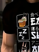 T-shirt décontracté d'été pour homme en polyester respirant avec impression numérique 3D unique motif 'Manger, Dormir, Anime, Jeu, Répéter' col rond manches courtes