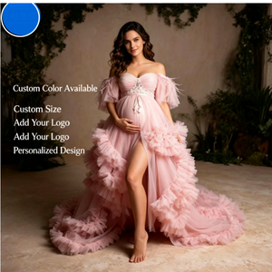 <span class=keywords><strong>Abito</strong></span> Lungo Premaman in <span class=keywords><strong>Tulle</strong></span> con Piume, Spalle Scoperte, Vita in Pizzo, Balze e Spacco Frontale, Strascico Lungo per Donne in Gravidanza - Product Image 1