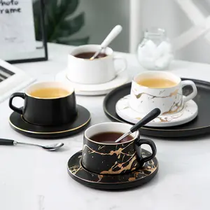 260ml Gold Handle Coffee Mugs White Ceramic Afternoon Tea Cup Sets With Saucers