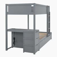 Lit superposé avec bureau, tiroirs et lit gigogne gris, lit double sur lit double gigogne, lits à deux niveaux pour enfants et adultes