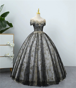 Robe de soirée bleue avec appliques en dentelle, épaules dénudées, longueur au sol, coupe trapèze, style princesse, pour fêtes et banquets - Product Image 4