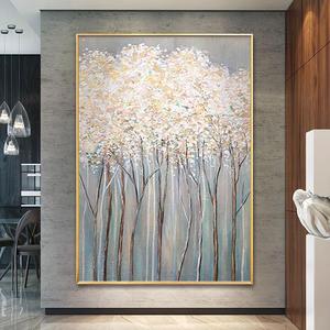 Peinture à l'huile abstraite peinte à la main, arbre à argent doré, cadre doré, rectangle, art mural moderne minimaliste pour salon, décoration murale suspendue - Product Image 2