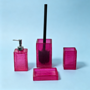 Set Bagno Moderno 4 Pezzi in Resina Fucsia Vibrante con Effetto Craquelé: Dispenser Sapone, Porta Scopino, Porta Spazzolino, Porta Sapone - Product Image 2