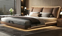 Lit flottant confortable de style moderne minimaliste de luxe léger avec surface en cuir véritable, cadre en chêne et pieds en métal pour chambre à coucher