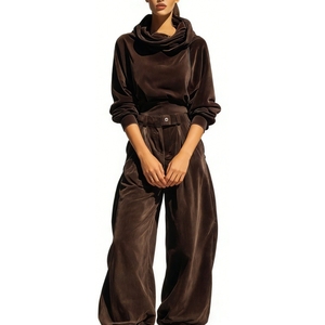 Women's Velvet 2 Piece <b>Set</b> - Cowl Neck Long Sleeve Top & High Waist Pleated Balloon Pants Outfit Womens Clothes Fashion - Product Image 3