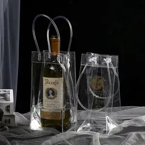 Kantong es transparan anti bocor PVC, Pak hadiah portabel ember es anggur sampanye botol pendingin dengan pegangan