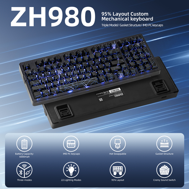ZORNHER ZH980 Spider Web Translucent Housing Mechanical Keyboard Tri Mode Wireless PBT Keycaps Keyboard for Pc
