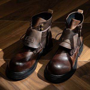 Chaussures décontractées rétro de style italien, bottes en cuir à tige haute, grande taille, à lacets, bout rond, antidérapantes, bottes d'automne qui augmentent la taille - Product Image 4