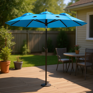 Parasol de terrasse double face bleu cyan de 9,5 pieds avec manivelle inclinable à bouton-poussoir, mât en aluminium et base de parasol d'extérieur - Product Image 2