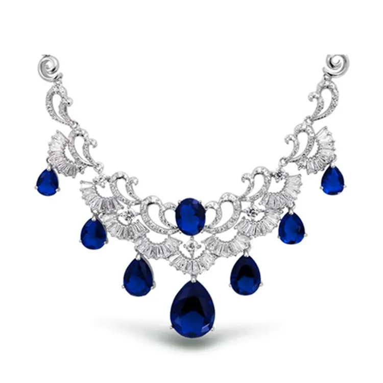 Fashion Anniversary Gift Diverse Kleuren Hoge Blauwe Steen Cz Pave 925 Sterling Zilver Vrouwen Sapphire Ketting Jewelries