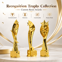 Trophée personnalisé en résine de style sportif avec surface plaquée or, texte gravé, logo, impression UV écologique, plusieurs styles