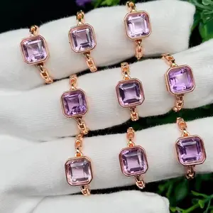 Luxury Female Open Ring Plating Rose Gold Color 7*7mm Ring Natural Cut Amethyst Square Ring