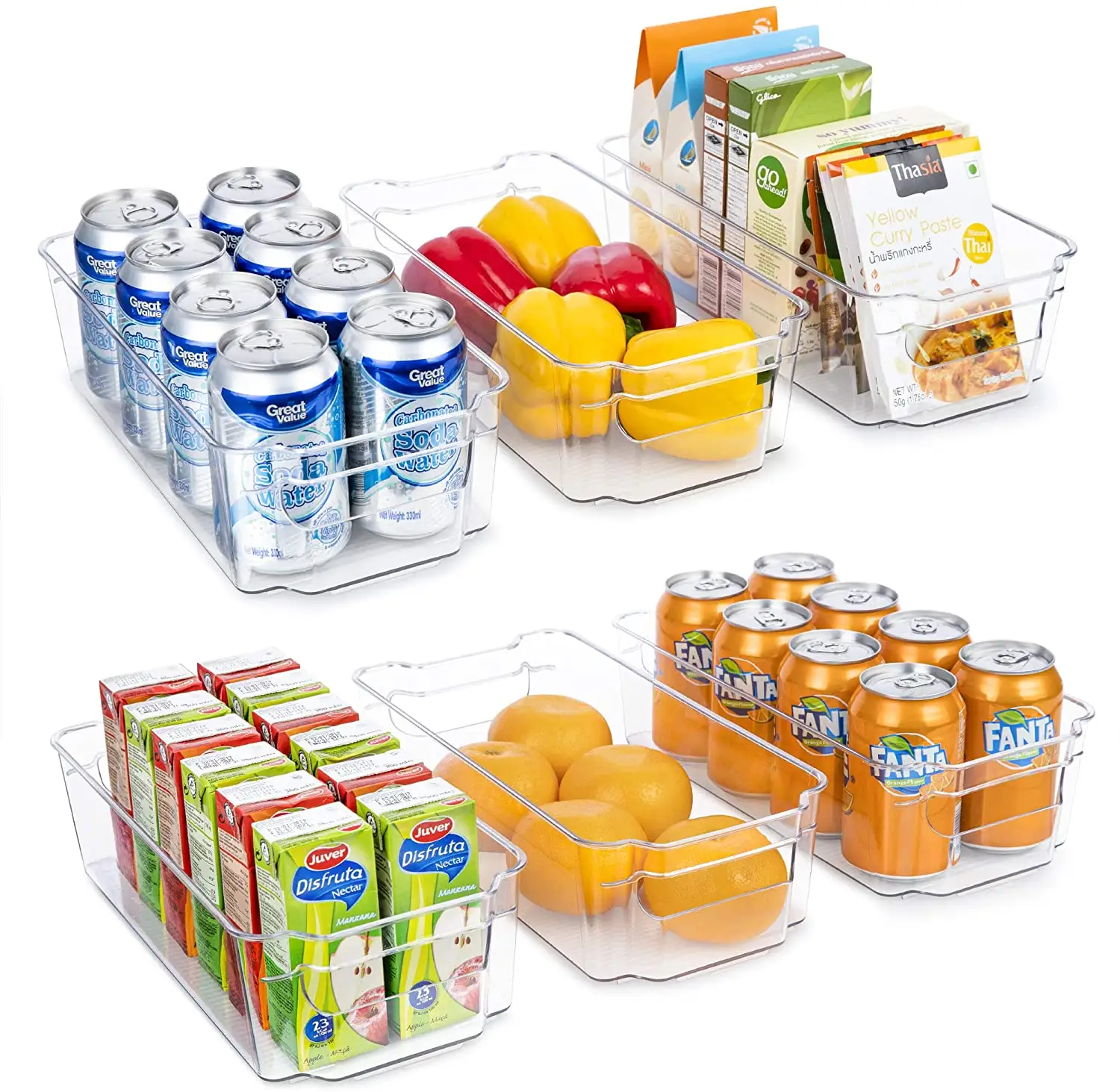 6 Pcs Clear Plastic Cabinets Kitchen Pantry Refrigerator Organizer Food Storage Bins with Handle BPA free