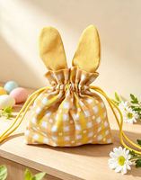 Sacs cadeaux en lin à cordon avec oreilles de lapin de dessin animé, pochettes à bonbons mignonnes brodées avec oreilles de lapin de Pâques, queue en pompon moelleuse