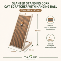 Griffoir pour chat incliné en liège avec boule suspendue 320x290x650mm, cadre en bois