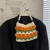 Tas Organizer Rajut Lucu dengan Pegangan Mutiara Desain Bunga Tenun Hiasan Tas Selempang