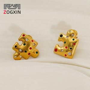 ZOGXIN Gold Plated Stainless Steel Jigsaw Puzzle <b>Stud</b> Earrings With Colored Stones For Women Party Jewelry - Product Image 1