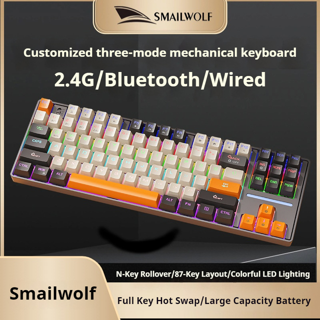 SMAILWOLF MK87 Tri-Mode Wireless Mechanical Keyboard 87 Keys Hot Swappable RGB Backlit High Value for Gaming Office