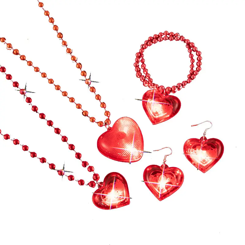 Valentinstag Verbindung Rot Rosa Perle Serie Ohrringe Armband Halskette Set LED Leuchten Liebe Glühen Blinkende Halskette