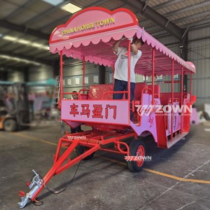 Voiture de tourisme multi-passagers rose et rouge, remorquable, avec toit festonné, pour les excursions en groupe dans les zones touristiques - Product Image 6