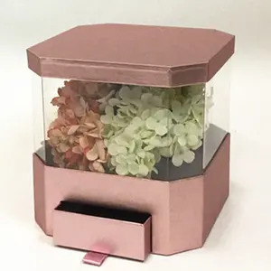 Venta al por mayor de papel de película de aluminio octogonal PVC cajón panorámico con caja de flores de regalo Día de San Valentín