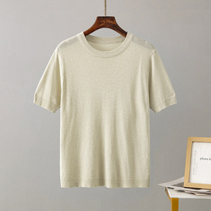 Camiseta de Punto Personalizada de Fábrica, Top de Manga Corta para Mujer, Cuello Redondo, Prenda de Punto Informal Básica de Verano para Mujer de Alta Calidad - Product Image 3