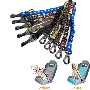 Custom Heavy Duty Car Seat Belt Pet Safety Seat Belt Clip Tether Puppy bungee Adjustable printed Dog Seatbelt leash