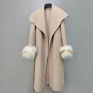 Elegant High Quality Mandarin Collar Double-sided Cashmere Coat 2023 famous designer Real Fur Wool Blends Long Overcoat