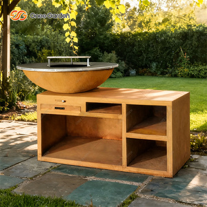 CneeGarden Corten Steel Outdoor <b>BBQ</b> Grill Charcoal Fire Pit <b>Table</b> Storage Modern Design Rusty Finish Auto Ignition Grilling - Product Image 5