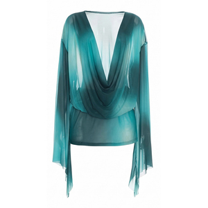 Viviblook J26DS159 Robe d'été pour femme, nouvelle robe décontractée à imprimé numérique, asymétrique, à manches longues, col tombant, en maille, mini-robe - Product Image 4