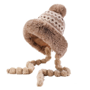 Chapeau tricoté jacquard épais et chaud d'hiver avec velours pour <span class=keywords><strong>femme</strong></span>, protection auditive en peluche mignonne, coupe-vent, avec <span class=keywords><strong>pompon</strong></span> - Product Image 2