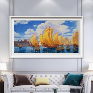 Tableau d'artiste signé Zhang Jishi - Œuvre originale Le navire au trésor de Zheng He - Impression sur toile de qualité muséale - Nature morte encadrée blanche - Décoration murale Art Déco - Product Image 1