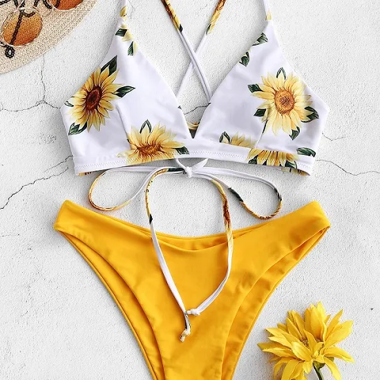 Girassol Impresso Conjunto Bikini Sexy Swimwear Mulheres 2020 Push Up Acolchoado Maiô Bandagem Maiô Biquíni