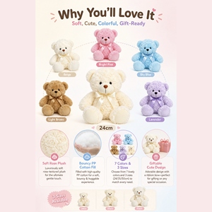 Nuovo Design Orsacchiotto in Morbido Velluto Rosa, Giocattolo Animale Imbottito di Alta Qualità in Tessuto di Cotone con Fiocco in Raso, Peluche Delicato sulla Pelle - Product Image 3