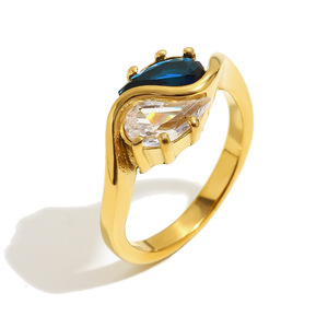 18K Gold Plated Stainless Steel Finger <b>Ring</b> Two Tone Blue White Crystal Prong Setting Curved Band <b>Statement</b> <b>Ring</b> For Women Party - Product Image 1